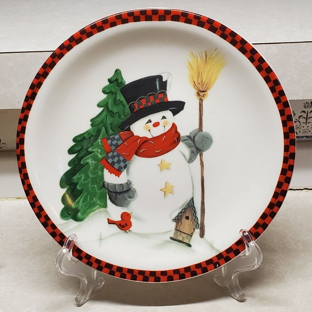 Vintage Studio 33 Christmas Holiday Snowman with broom plate 8"